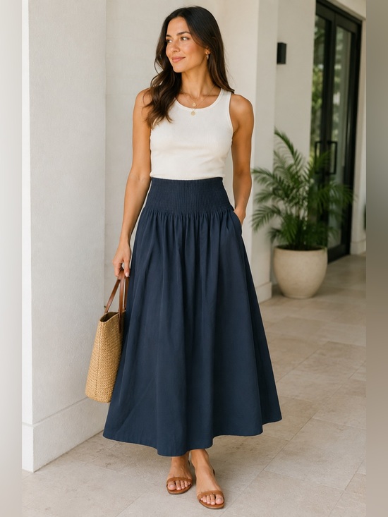 Ona Dresses & Skirts - Onia Navy Blue 100% Cotton Smocked Waist A-Line Midi Skirt Size 6 Pockets